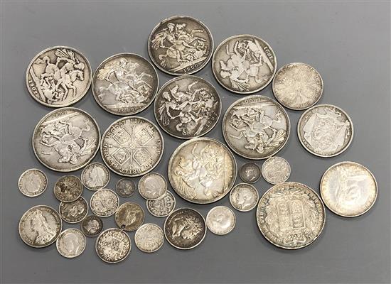 A group of UK silver and bronze coins George III to George VI including an 1844 crown, edge knocks otherwise GVF, 1888 florin, two